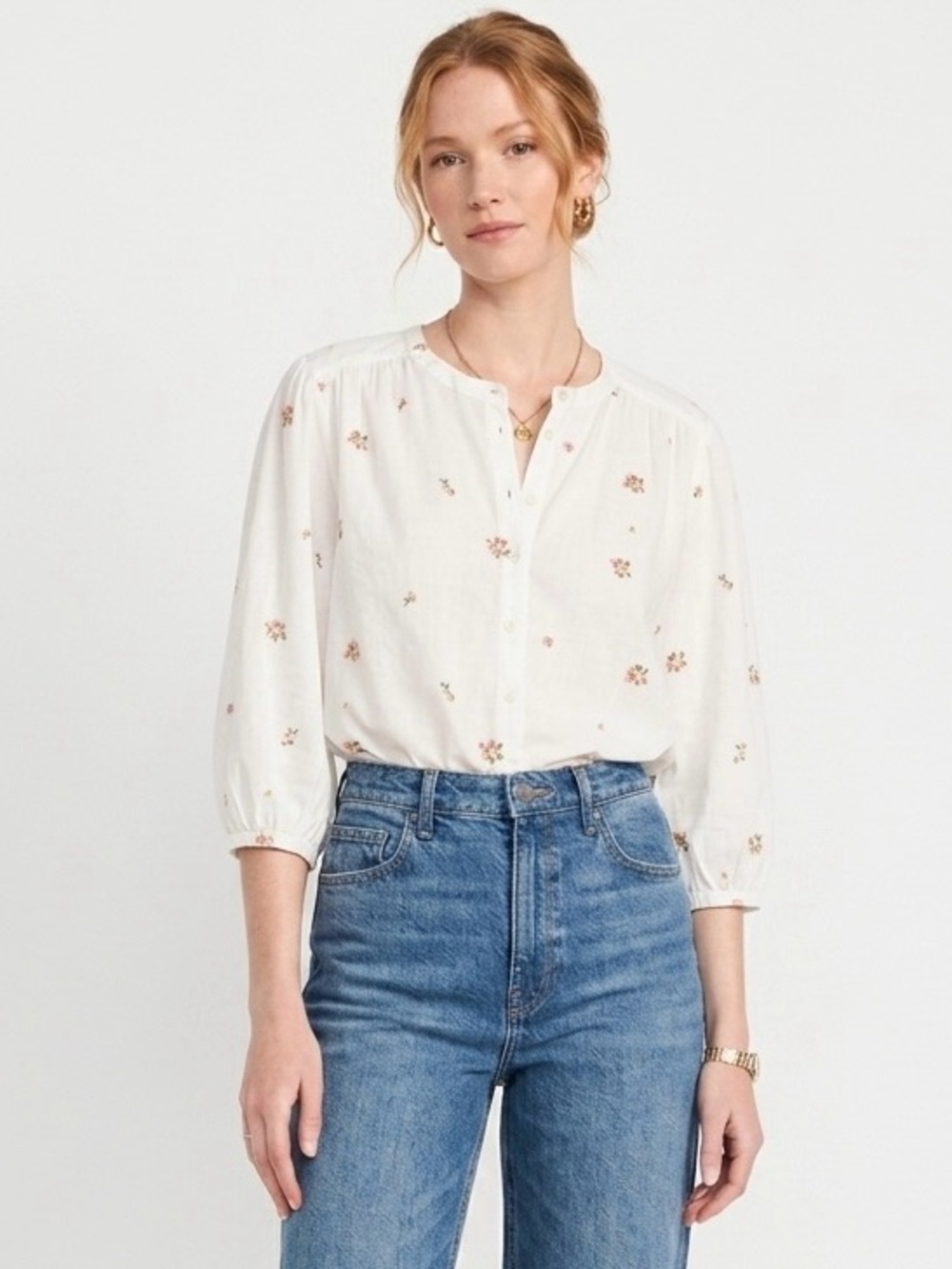 White Cotton Floral Embroidered Blouse XL Cottagecore Romantic Button Front Top